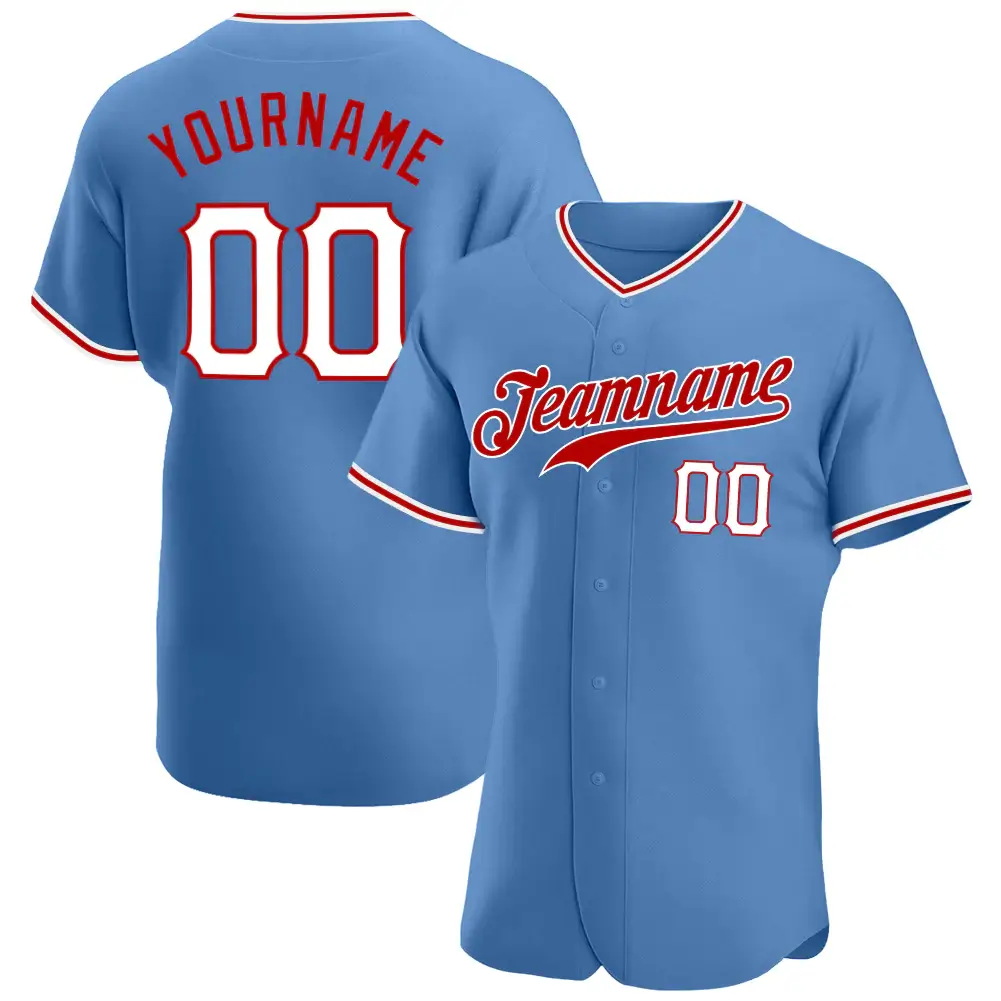 Custom Light Blue Baseball Jersey with White-Red