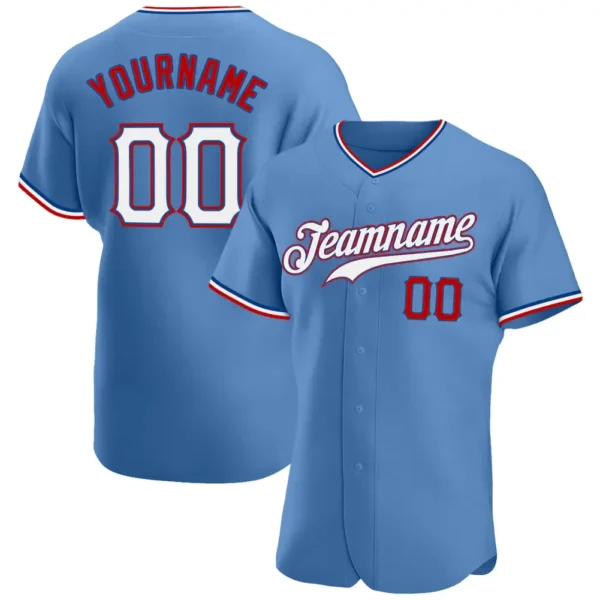 Custom Light Blue Baseball Jersey with White-Red