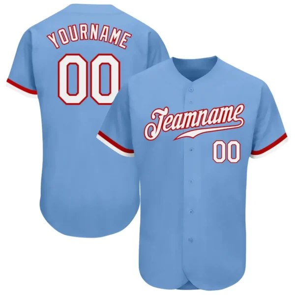 Custom Light Blue Baseball Jersey with White-Red