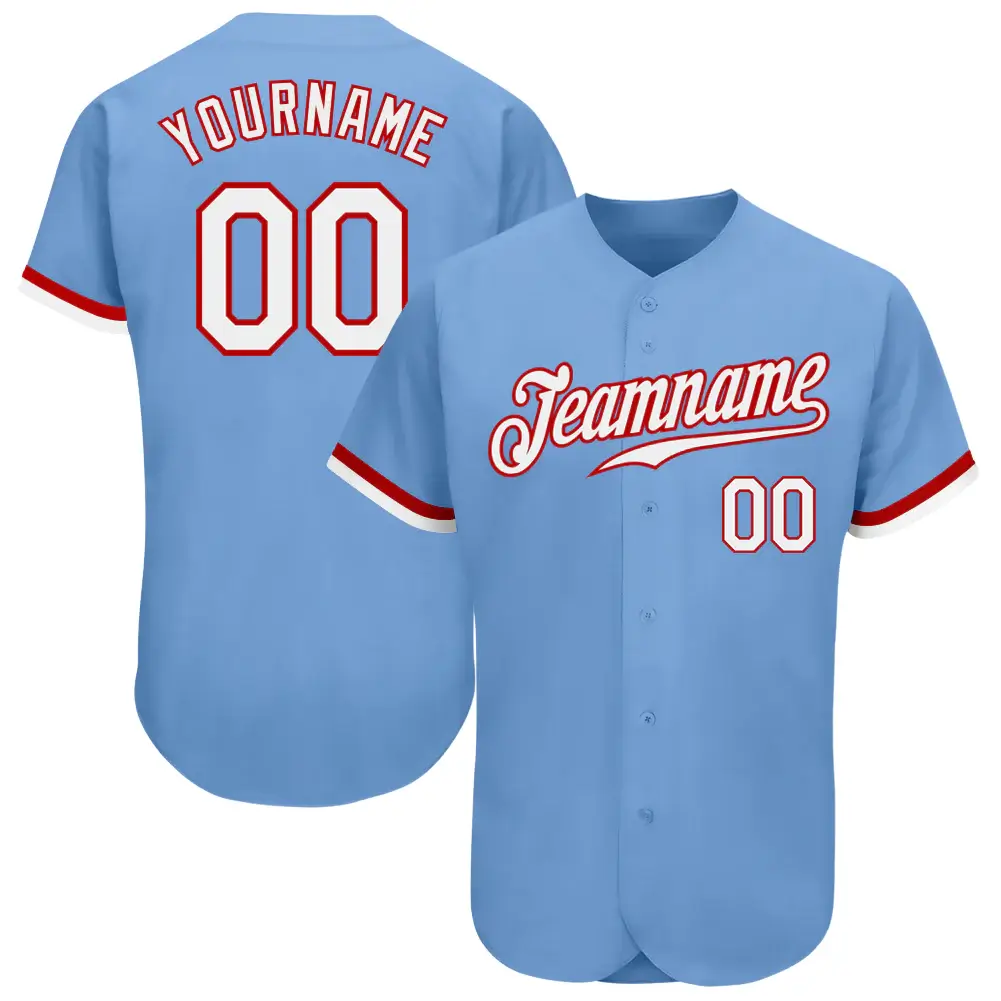 Custom Light Blue Baseball Jersey with White-Red