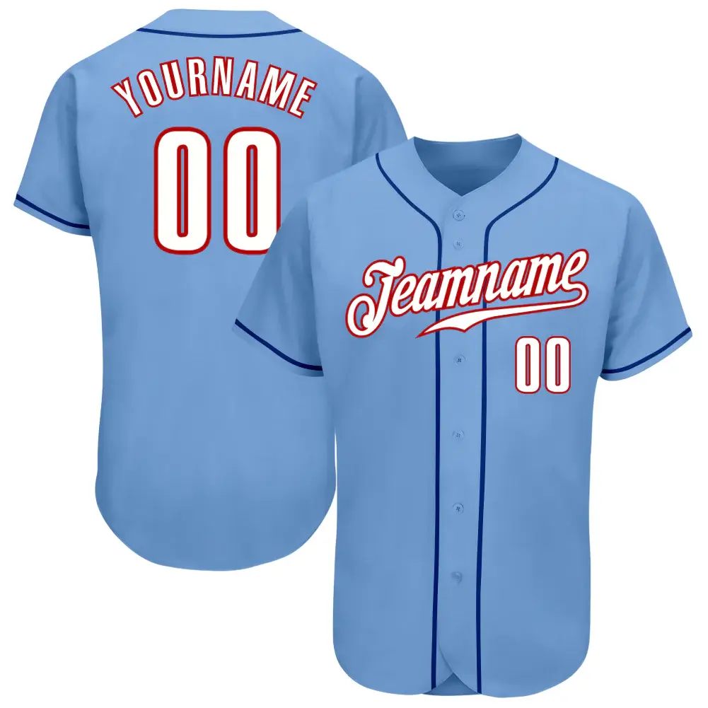 Custom Light Blue Baseball Jersey with White-Red