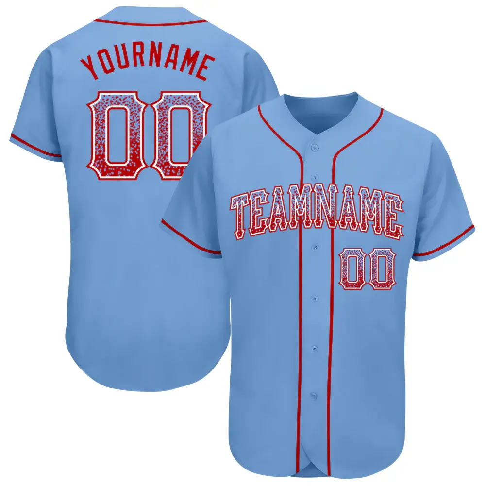 Custom Light Blue Drift Fashion Baseball Jersey with Red-White
