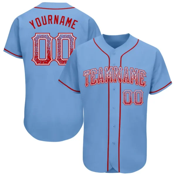 Custom Light Blue Drift Fashion Baseball Jersey with Red-White