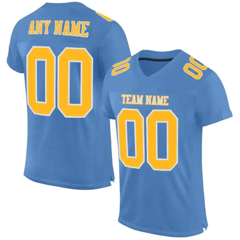 Custom Light Blue Mesh Football Jersey with Gold