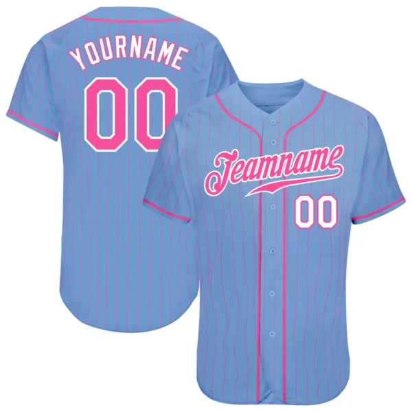 Custom Light Blue Pinstripe Baseball Jersey with Pink-White