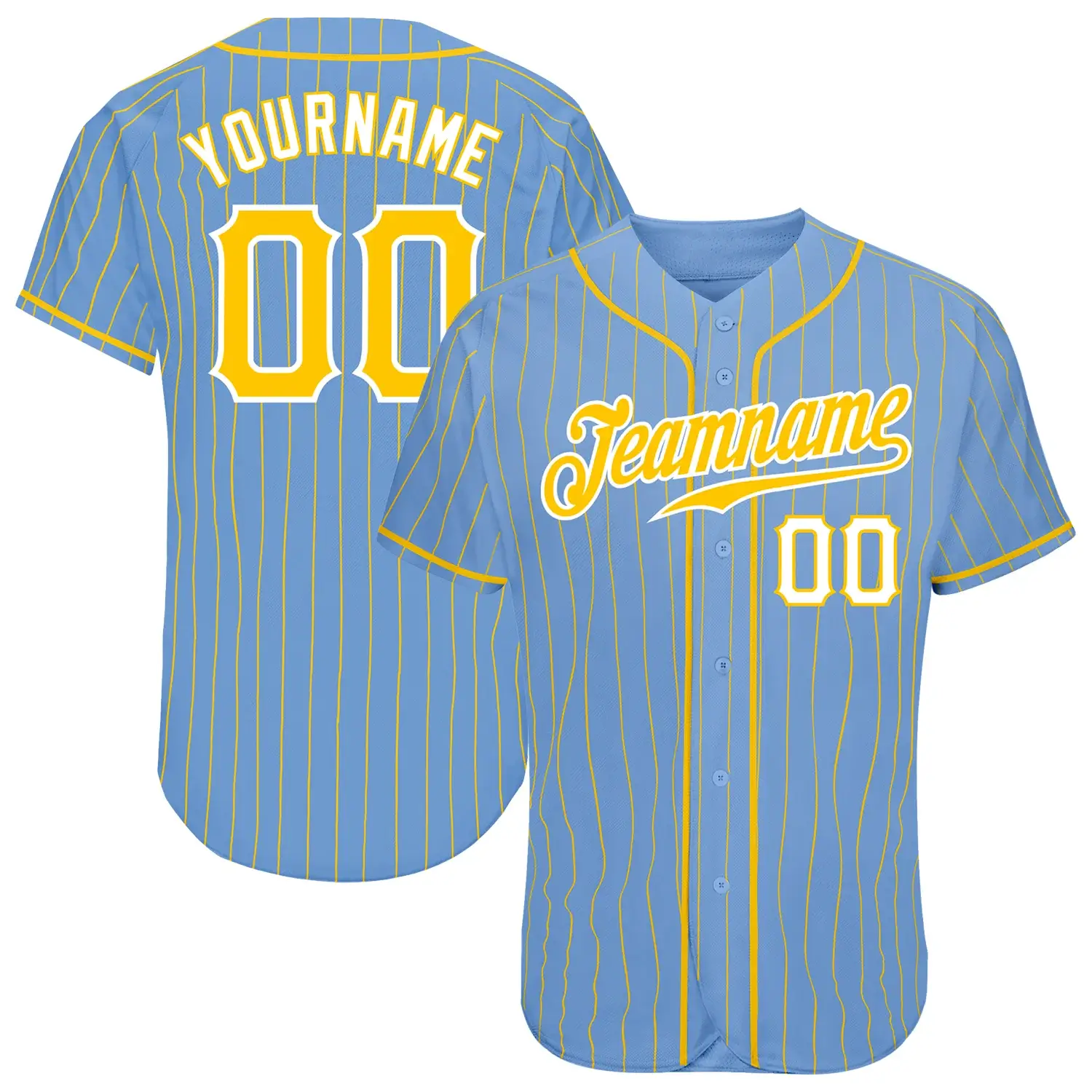 Custom Light Blue Pinstripe Baseball Jersey with Gold-White