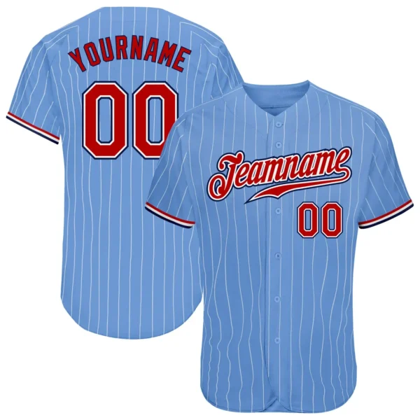 Custom Light Blue Pinstripe Baseball Jersey with Red-Navy