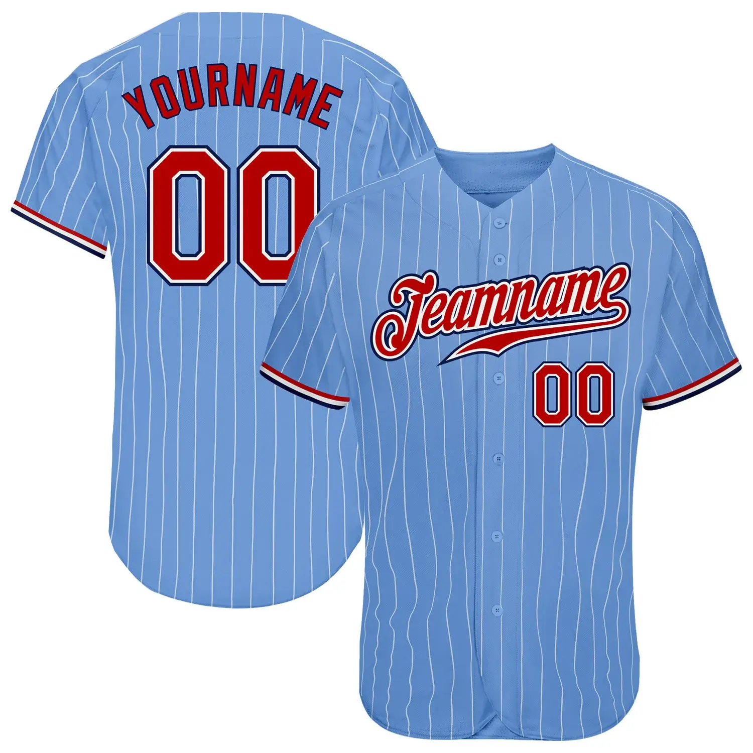Custom Light Blue Pinstripe Baseball Jersey with Red-Navy