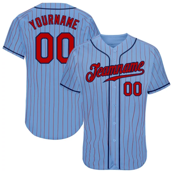 Custom Light Blue Pinstripe Baseball Jersey with Red-Navy