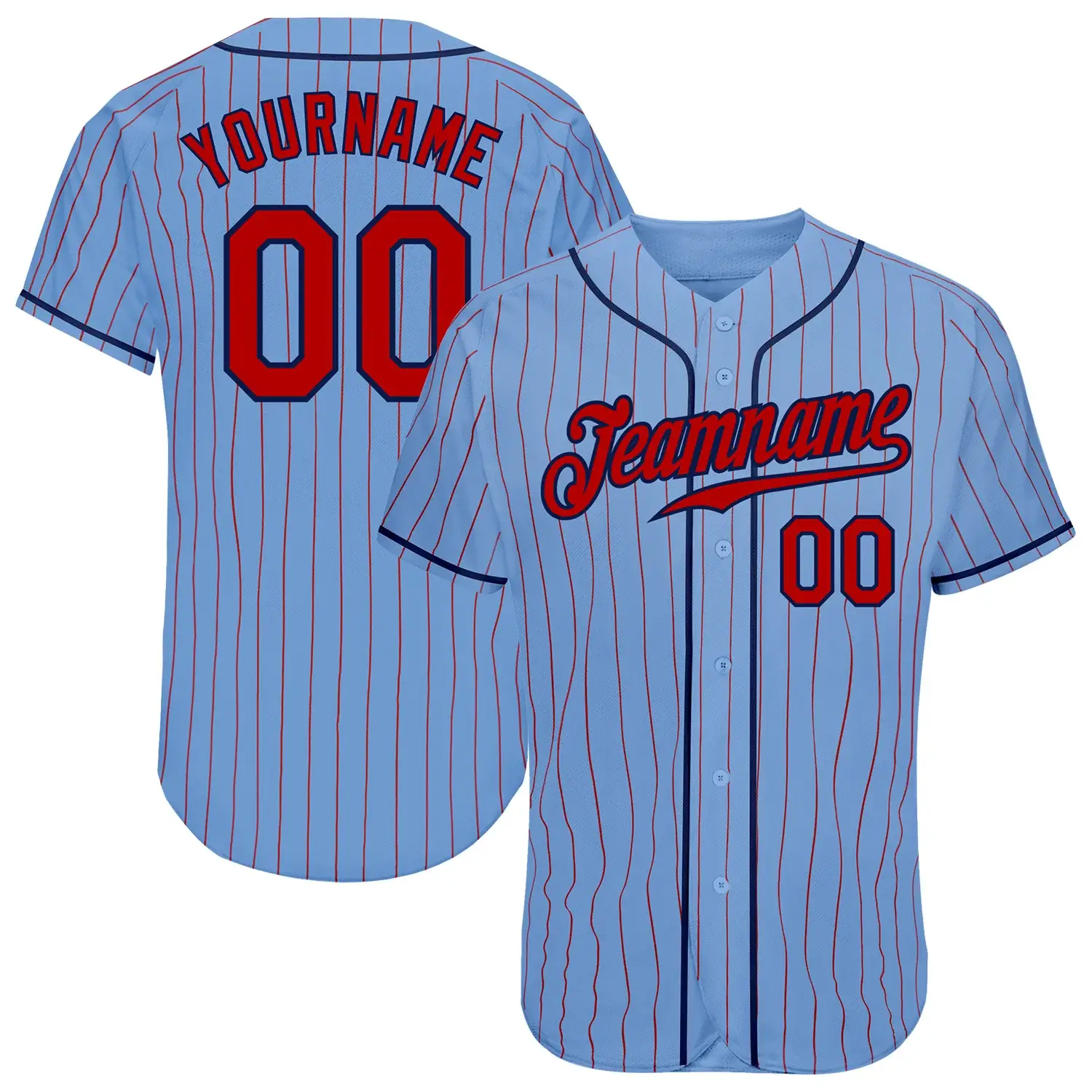 Custom Light Blue Pinstripe Baseball Jersey with Red-Navy