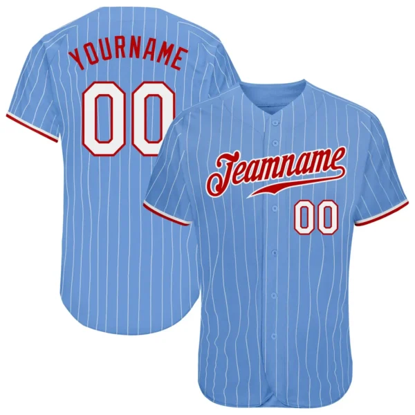 Custom Light Blue Pinstripe Baseball Jersey with White-Red