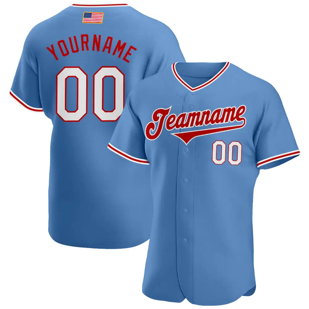 Custom Light Blue USA Flag Fashion Baseball Jersey with White-Red