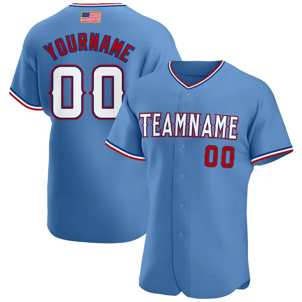 Custom Light Blue USA Flag Fashion Baseball Jersey with White-Red