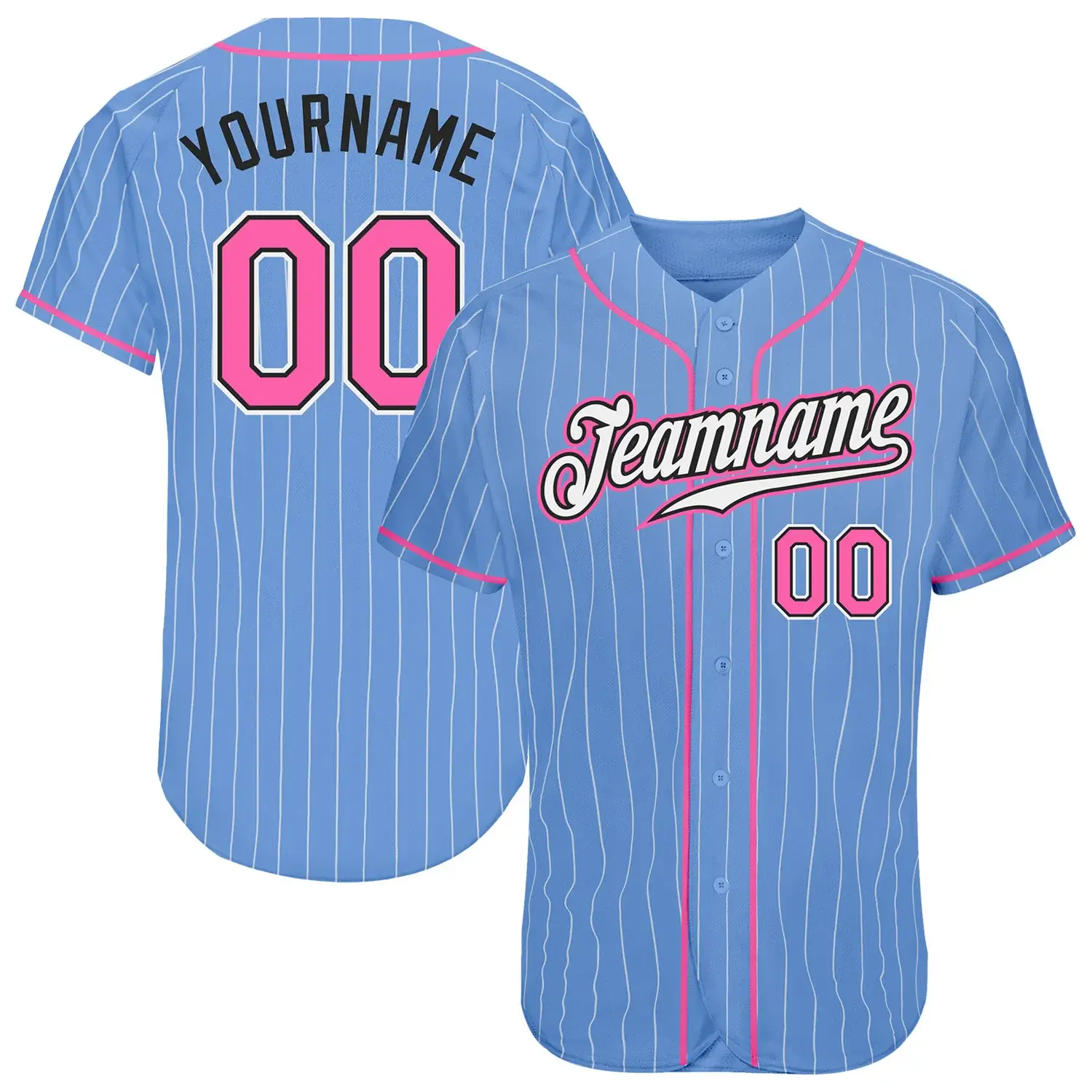 Custom Light Blue White Pinstripe Baseball Jersey with Pink-Black