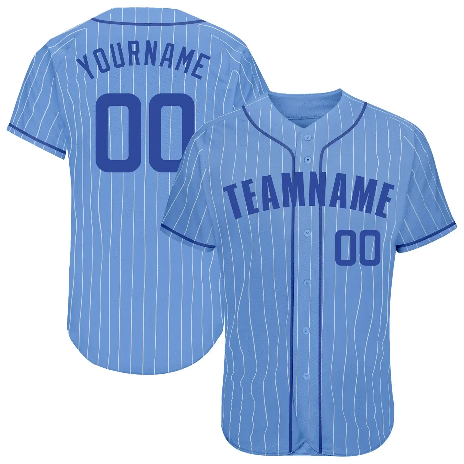 Custom Light Blue Pinstripe Baseball Jersey with Royal