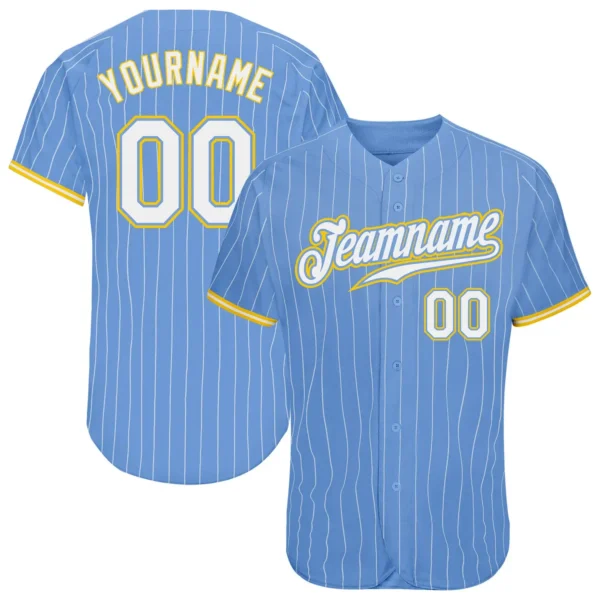 Custom Light Blue Pinstripe Baseball Jersey with White-Gold