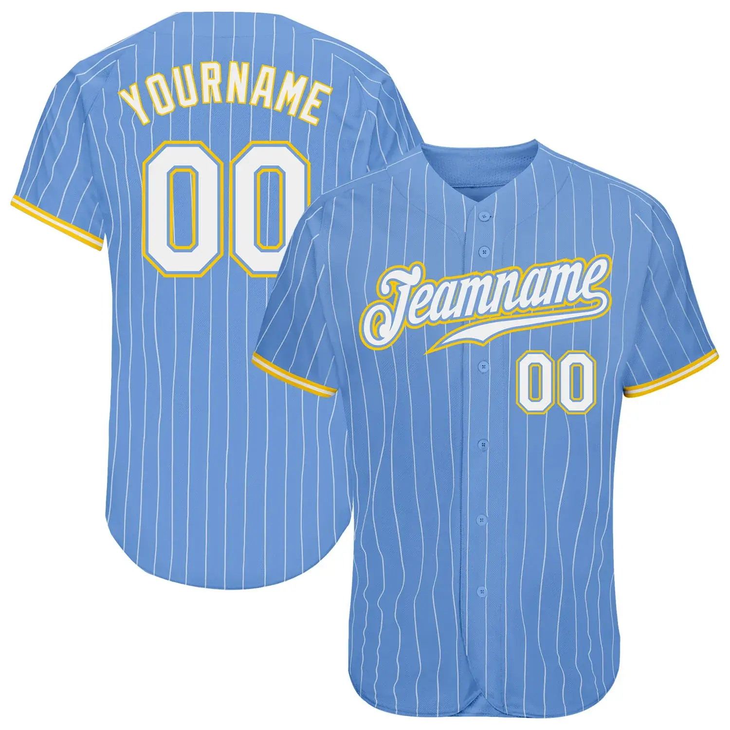 Custom Light Blue Pinstripe Baseball Jersey with White-Gold