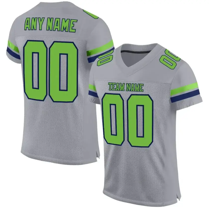 Custom Light Gray Mesh Football Jersey with Neon Green-Navy