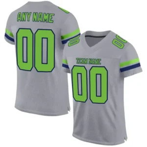 Custom Light Gray Mesh Football Jersey with Neon Green-Navy