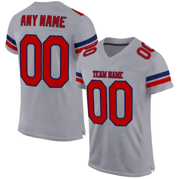 Custom Light Gray Mesh Football Jersey with Red-Navy