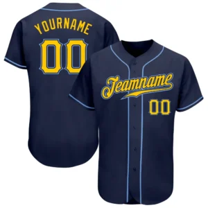 Custom Navy Baseball Jersey with Gold-Light Blue