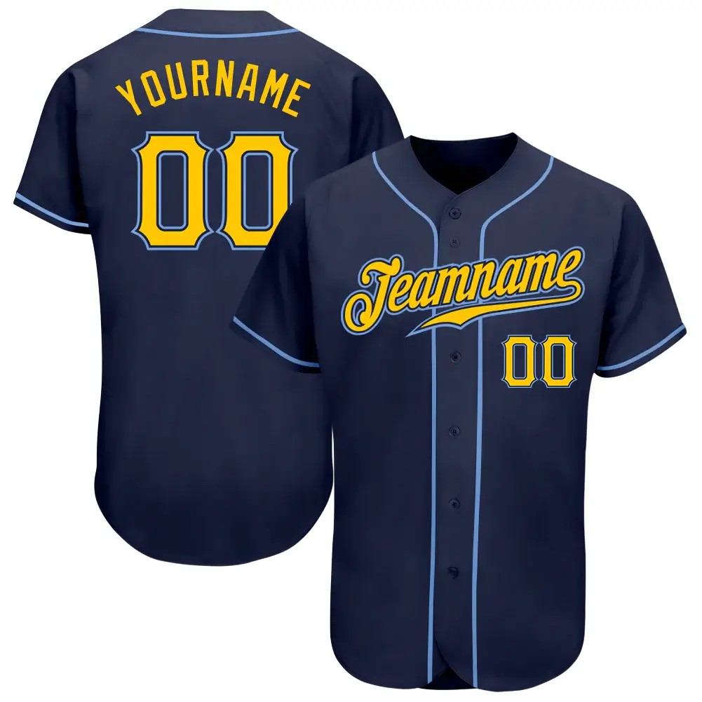 Custom Navy Baseball Jersey with Gold-Light Blue