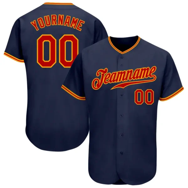 Custom Navy Baseball Jersey with Red-Gold