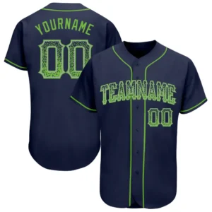 Custom Navy Drift Fashion Baseball Jersey with Neon Green-Gray