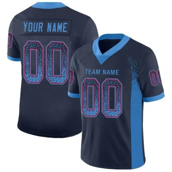Custom Navy Mesh Drift Fashion Football Jersey with Powder Blue-Red