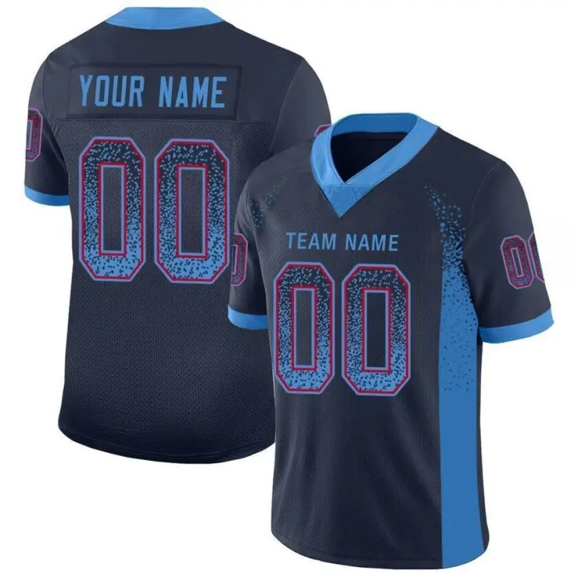 Custom Navy Mesh Drift Fashion Football Jersey with Powder Blue-Red