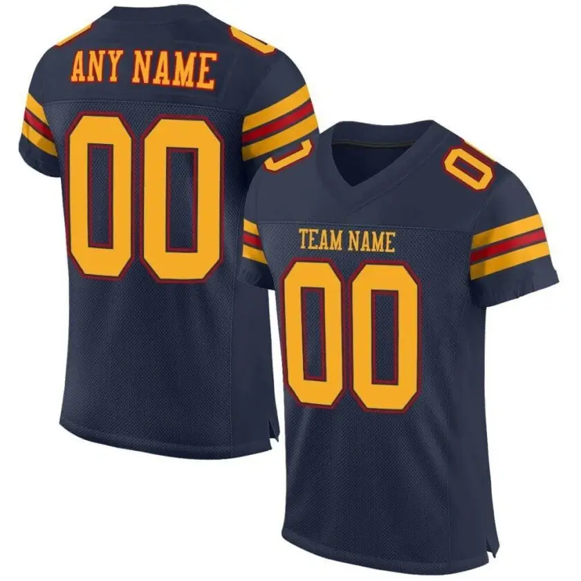 Custom Navy Mesh Football Jersey with Gold-Red