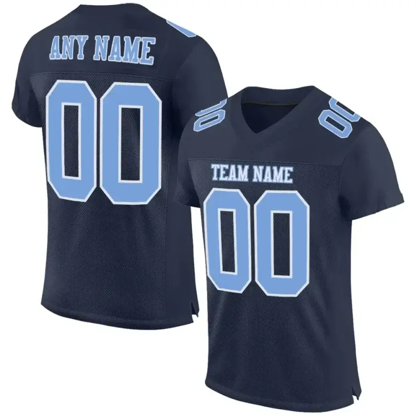 Custom Navy Mesh Football Jersey with Light Blue
