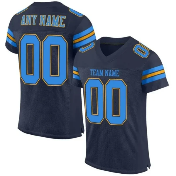 Custom Navy Mesh Football Jersey with Powder Blue-Gold Triple Stripe