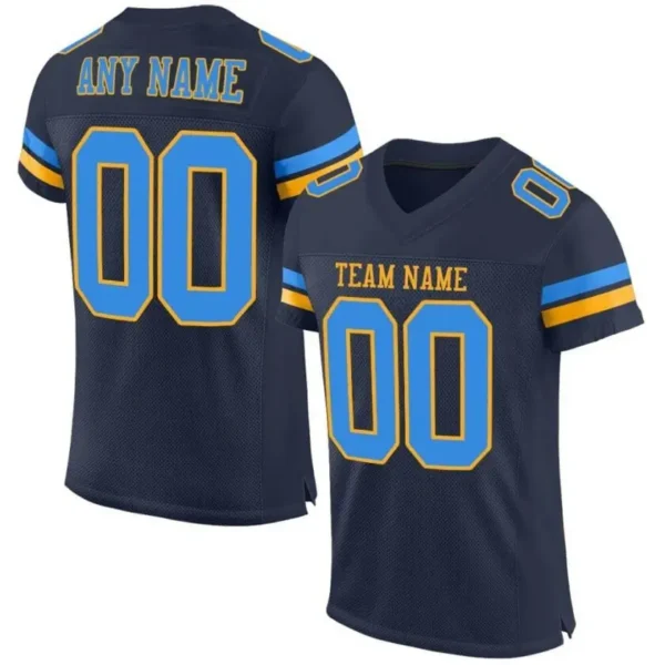 Custom Navy Mesh Football Jersey with Powder Blue-Gold