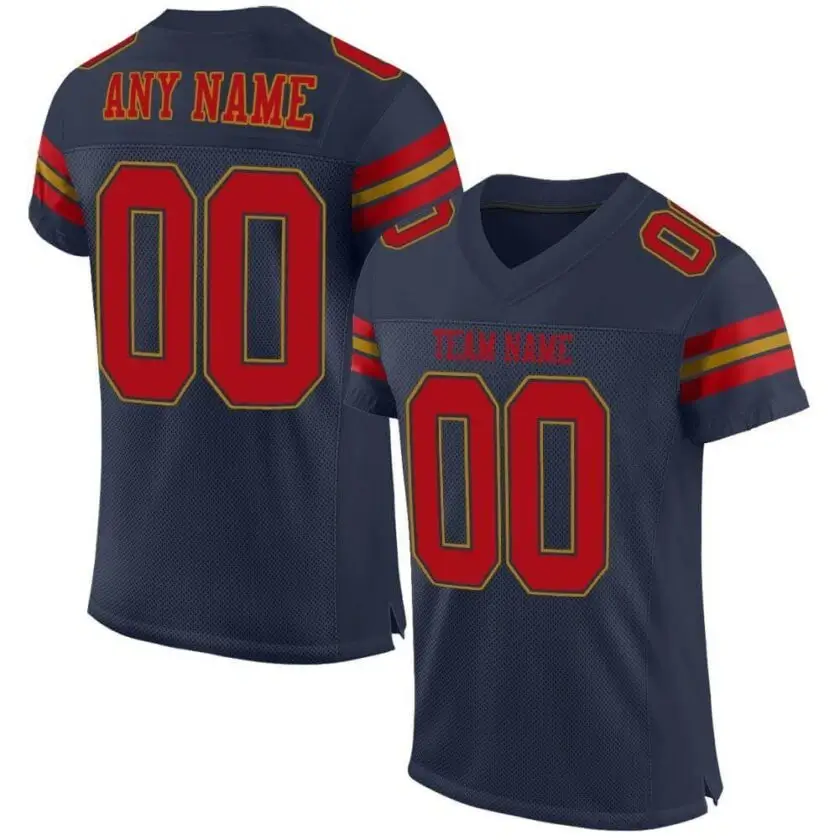 Custom Navy Mesh Football Jersey with Red-Old Gold