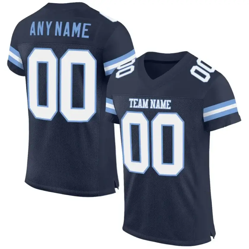 Custom Navy Mesh Football Jersey with White-Light Blue