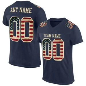 Custom Navy Mesh USA Flag Football Jersey with Cream