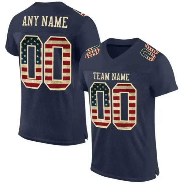 Custom Navy Mesh USA Flag Football Jersey with Cream