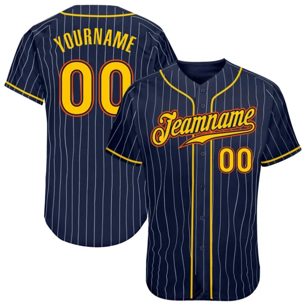 Custom Navy Pinstripe Baseball Jersey with Gold-Orange