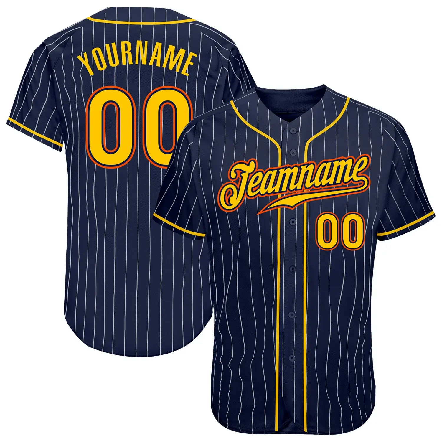 Custom Navy Pinstripe Baseball Jersey with Gold-Orange