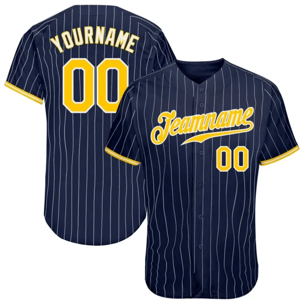 Custom Navy Pinstripe Baseball Jersey with Gold-White