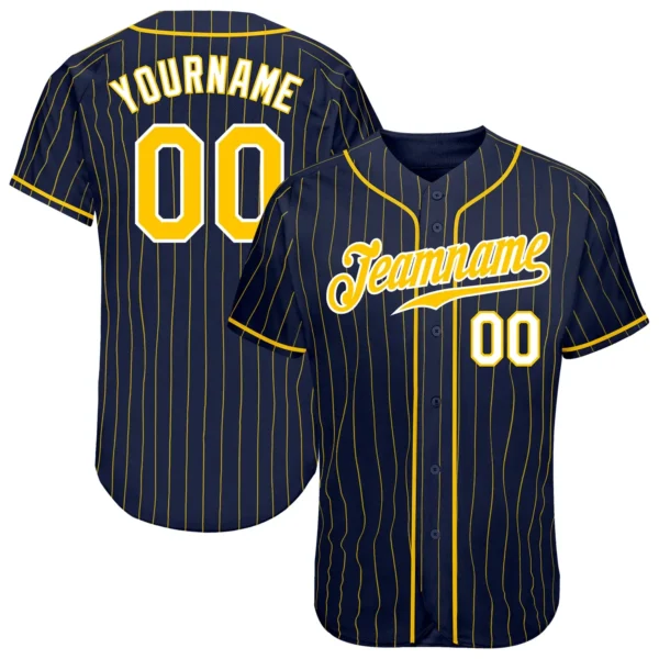Custom Navy Pinstripe Baseball Jersey with Gold-White
