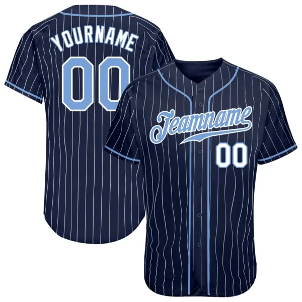 Custom Navy Pinstripe Baseball Jersey with Light Blue-White