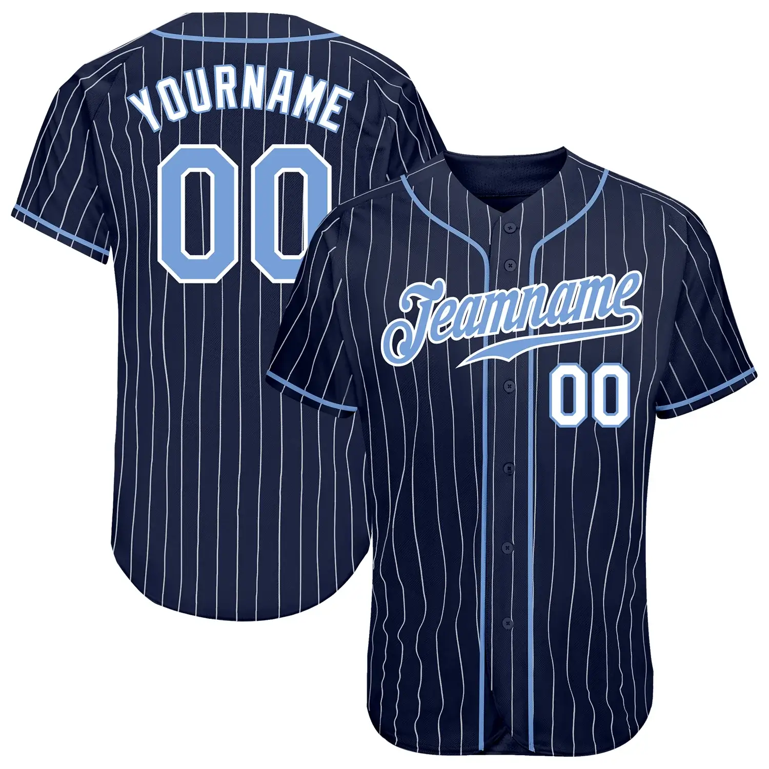 Custom Navy Pinstripe Baseball Jersey with Light Blue-White