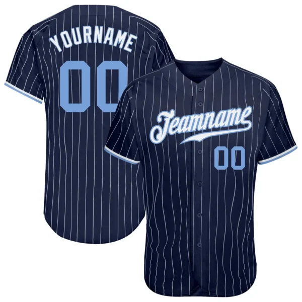 Custom Navy Pinstripe Baseball Jersey with Light Blue-White