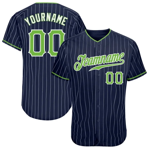 Custom Navy Pinstripe Baseball Jersey with Neon Green-White