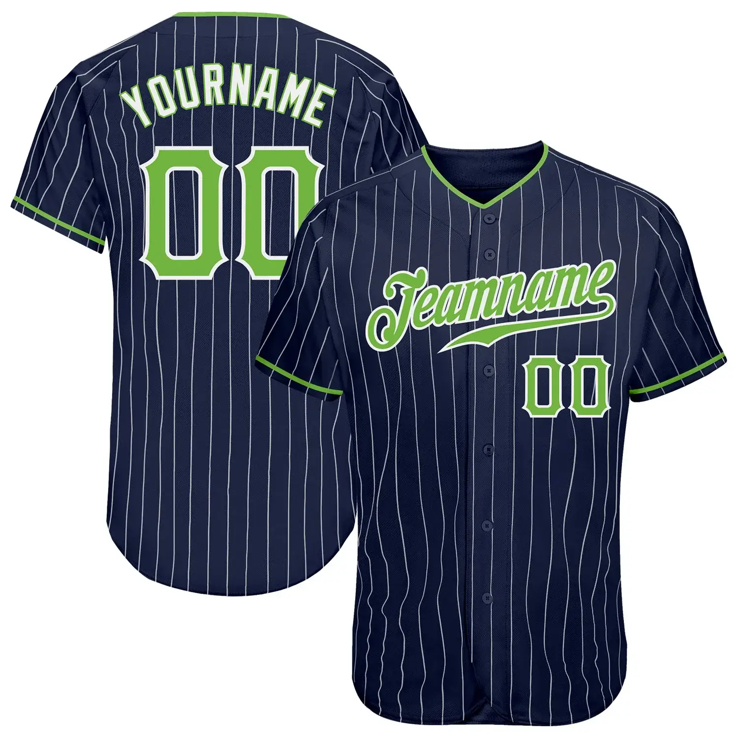 Custom Navy Pinstripe Baseball Jersey with Neon Green-White