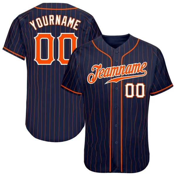 Custom Navy Pinstripe Baseball Jersey with Orange-White