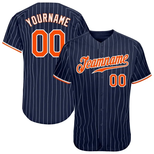 Custom Navy Pinstripe Baseball Jersey with Orange-White