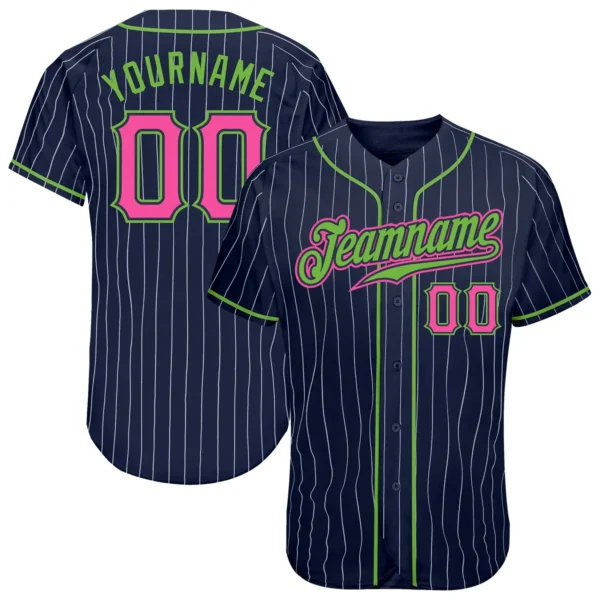 Custom Navy Pinstripe Baseball Jersey with Pink-Neon Green